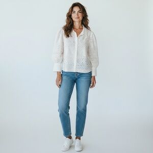 House of Harlow 1960 Button Up blouse Womens Sz. L eyelet  Puff Sleeve Romantic